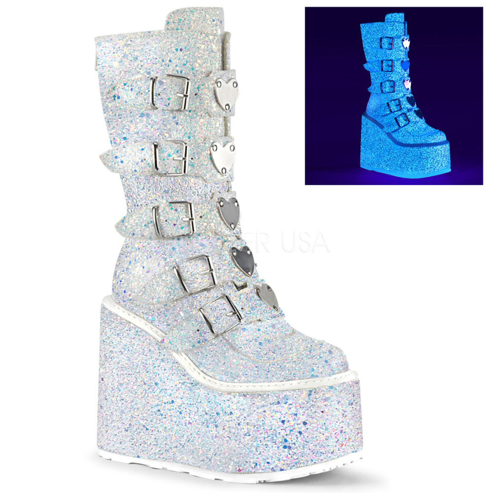 Heart Buckle Platform Glow Glitter Mid-Calf Boots